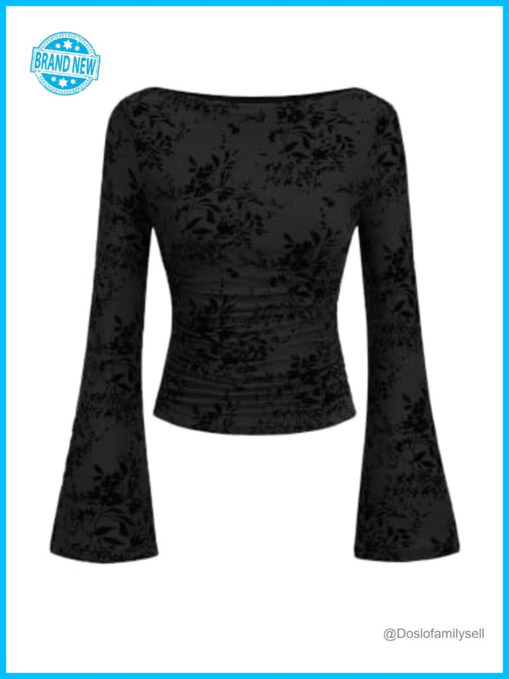 Womens Bell Sleeve Floral Mesh Crop Top Blouse Boat Neck Ruching